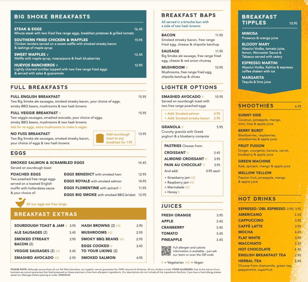 Big Smoke Taphouse & Kitchen London Heathrow Breakfast Menu