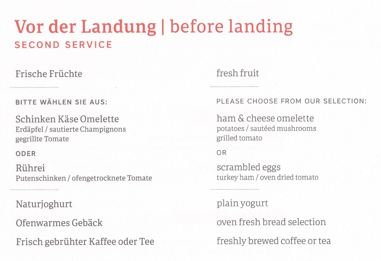 Austrian Airlines Business Class Breakfast Menu