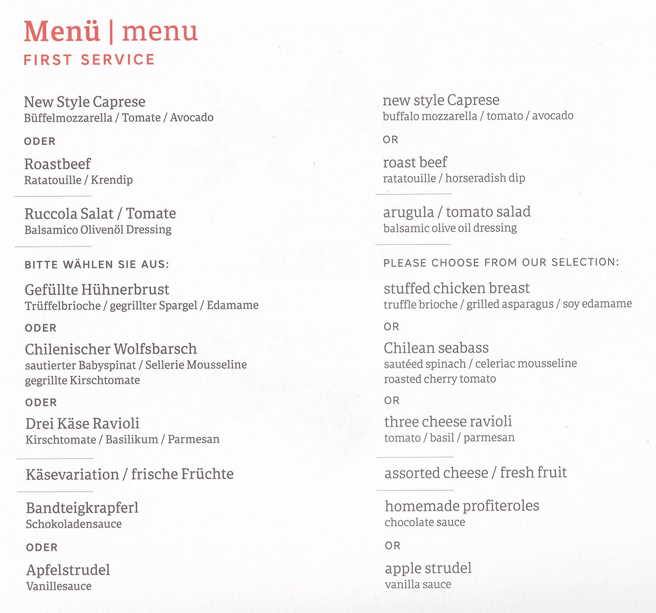 Austrian Airlines Business Class Dinner Menu