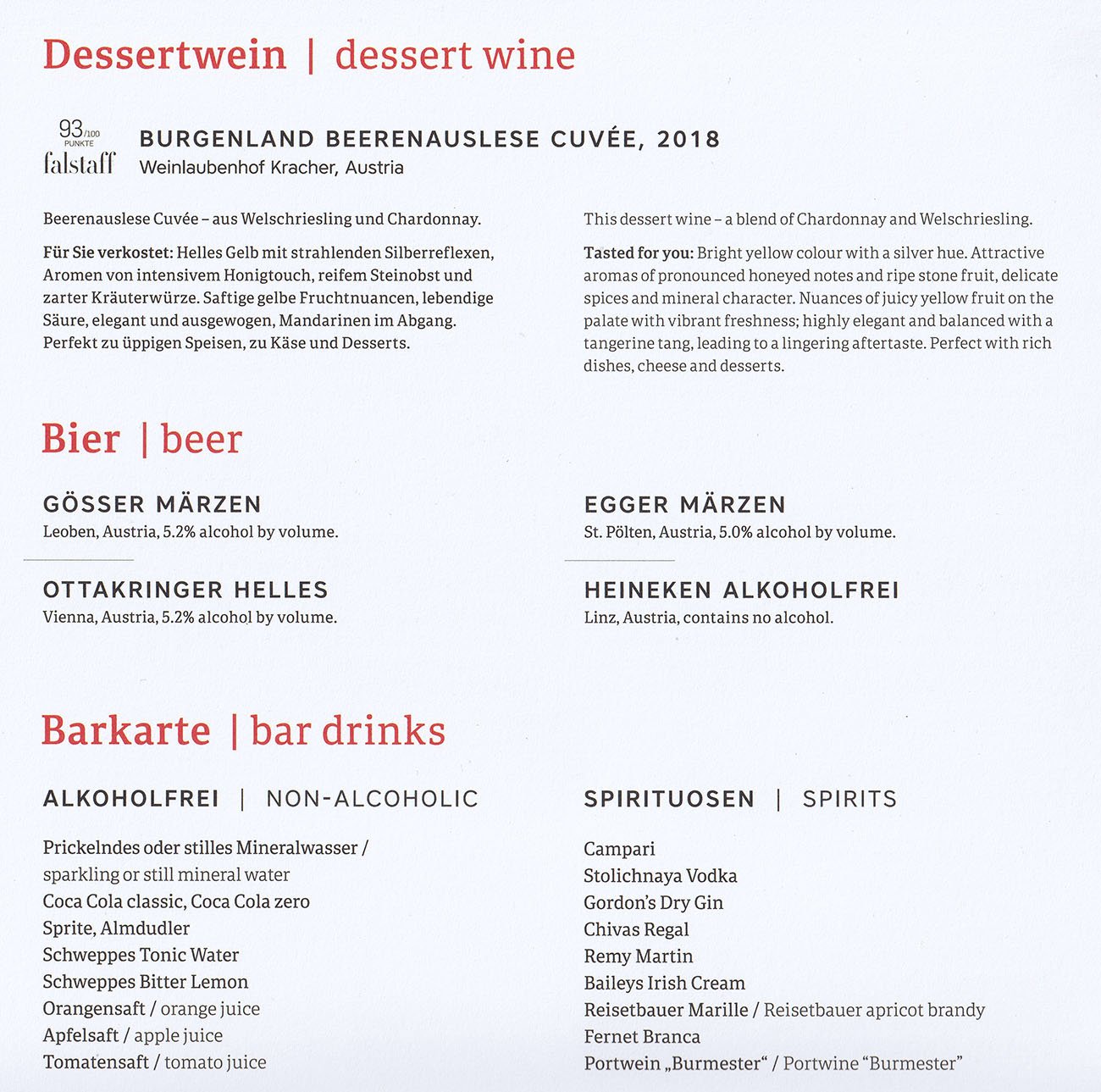 Austrian Airlines Business Class Drinks Menu