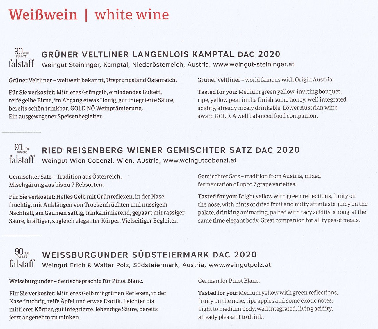 Austrian Airlines Business Class Drinks Menu