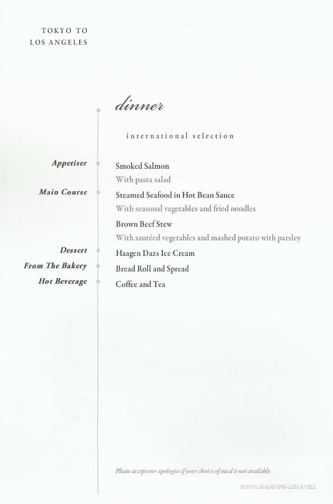 Singapore Airlines Premium Economy Menu