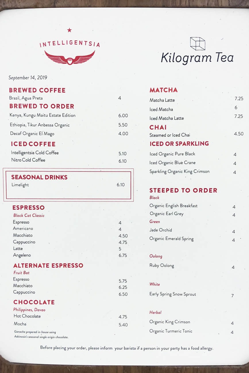 Intelligentsia Coffee Menu at TWA Hotel